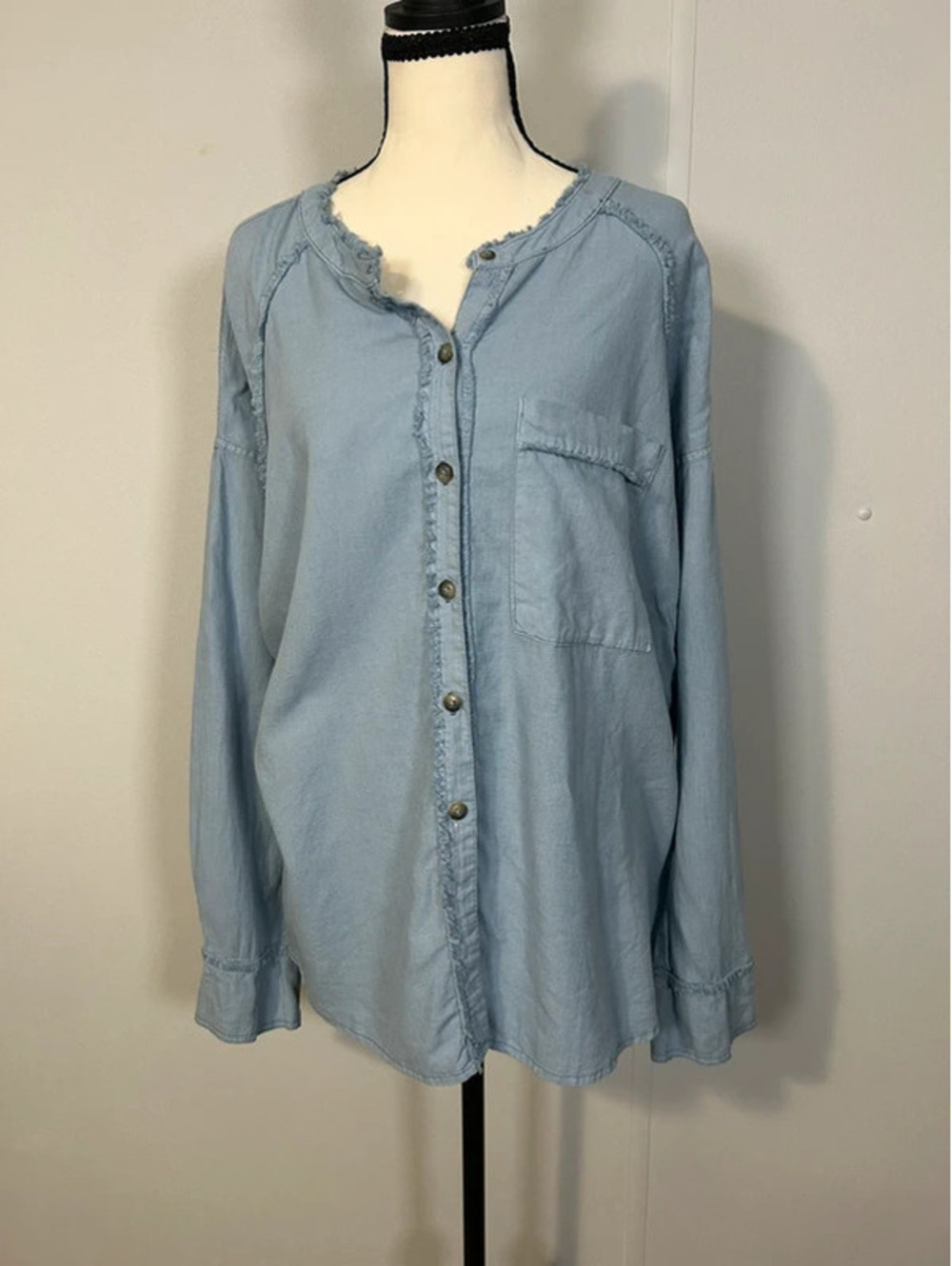 Free People We The Free Blue Linen Blend Button Front Boho Blouse Small